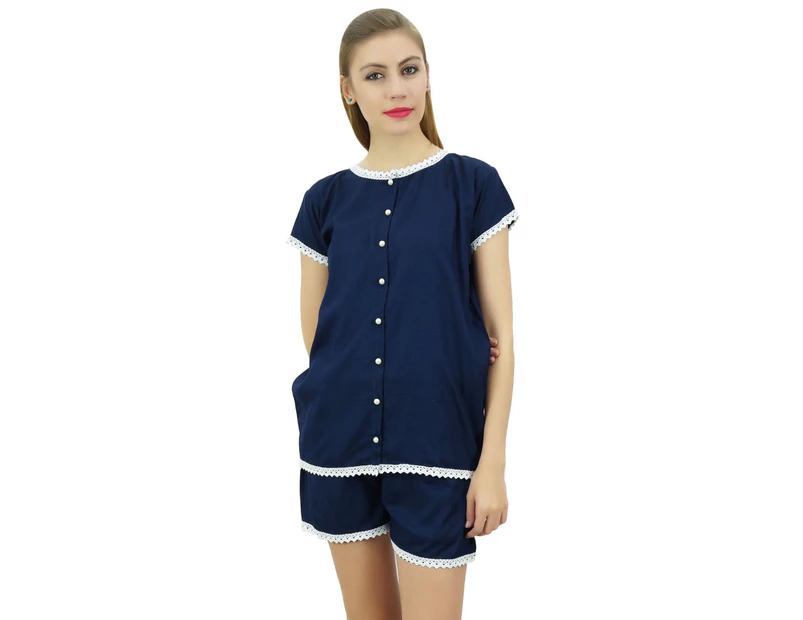 Bimba Womens Navy Blue Buttondown Lace Pj Set Rayon Night Shirt Shorts Dress