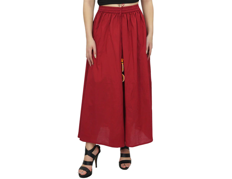 Bimba Women's Maroon Bohemian Style Elastic Tassels Waist Long Maxi Skirt