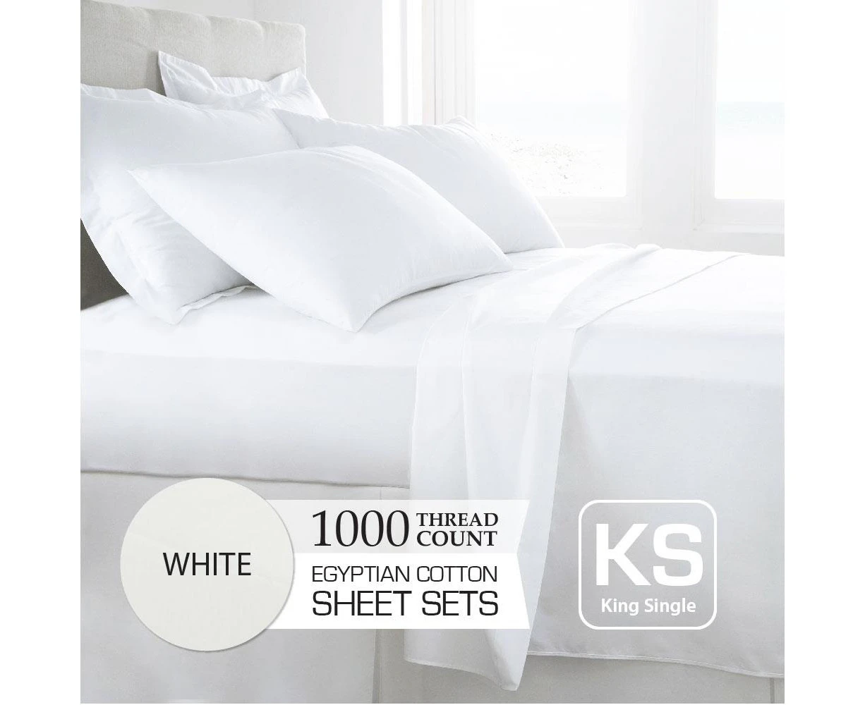 King Single Size White 1000TC Eygptian Cotton Sheet Set