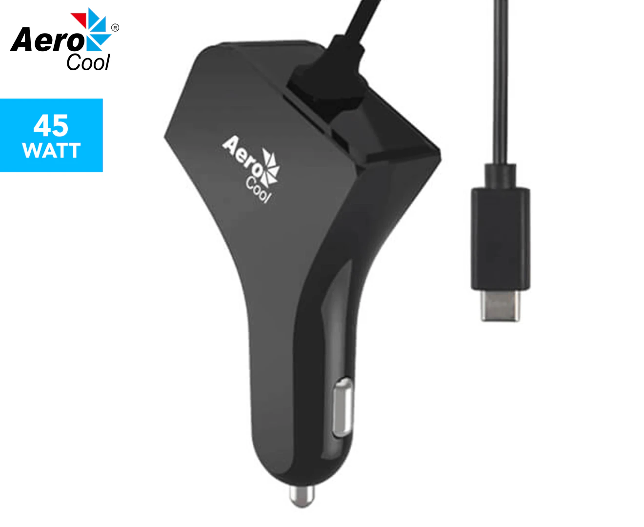 AeroCool Smart 45W 3A 2.25A USB Type-C Car Charger for Apple/Android/Laptop BLK