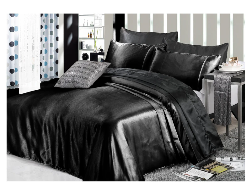 Luxury Soft Silky Satin Double Bed Sheet Set- Black