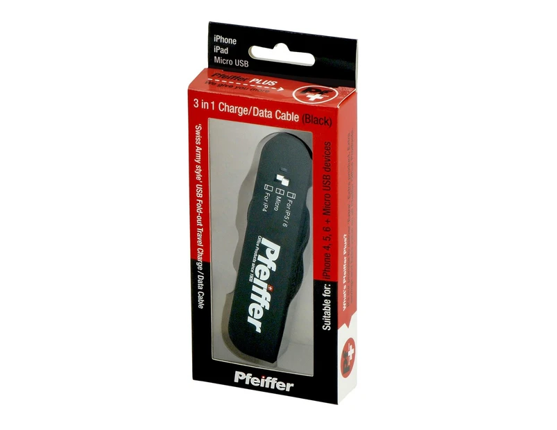 Pfeiffer 3 In 1 Charge/ Data Cable, Black, In Box With Window And Hang Sell