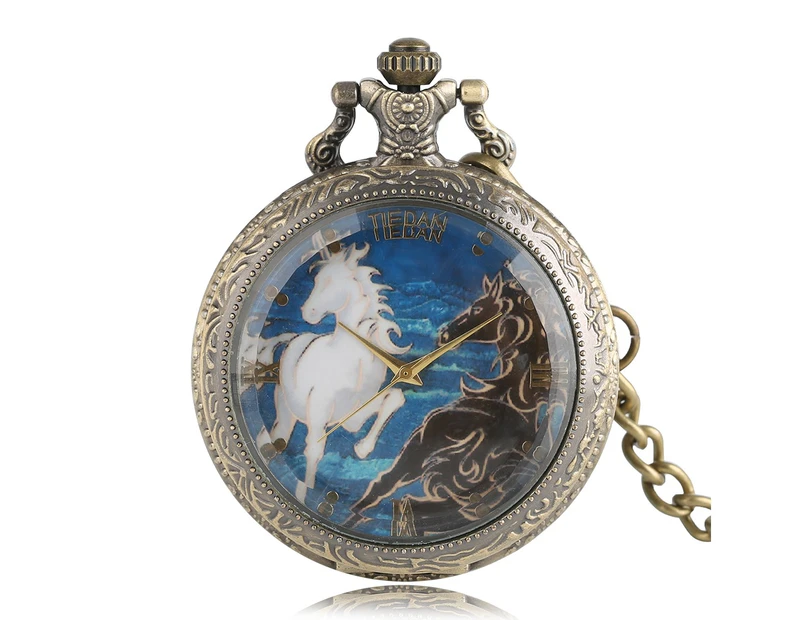 Men's Retro Cool Horse Quartz Pocket Watch Chain Pendant-Brown