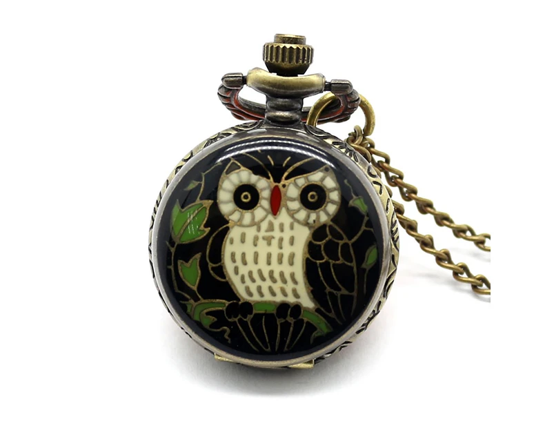 Men's Cute Small Night Owl Necklace Pendant Chain Pocket Watch-White