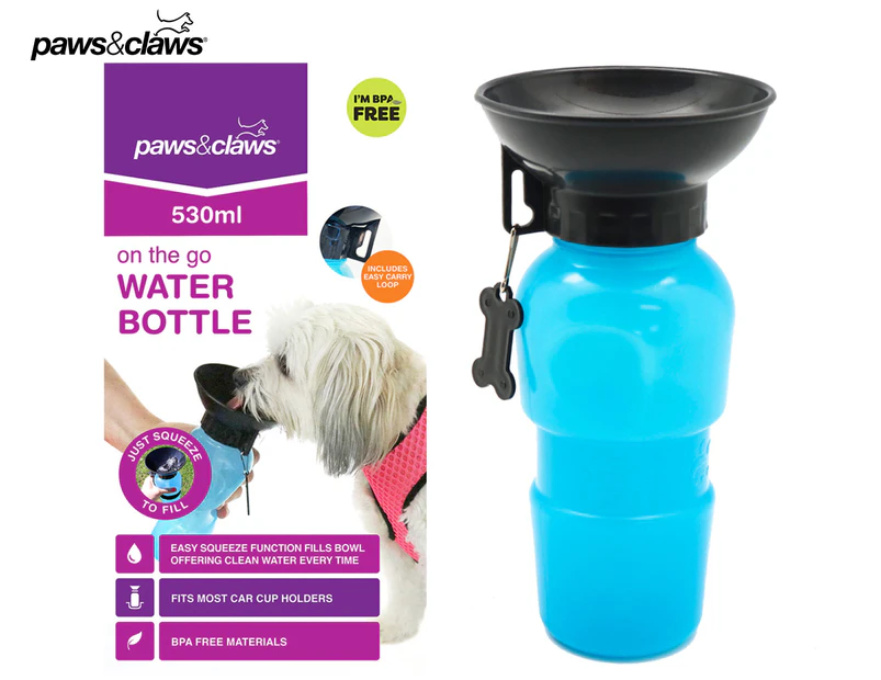 Paws & Claws On-The-Go Pet Water Bottle 530mL - Blue