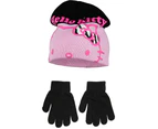 Hello Kitty Childrens Girls Winter Hat And Gloves Set (Black/Pink) - GL618