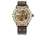 Vintage Retro Watch Skeleton Leather Band Wrist Watch Gift Watch for Men-Bronze