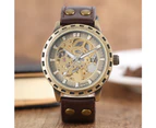 Vintage Retro Watch Skeleton Leather Band Wrist Watch Gift Watch for Men-Bronze