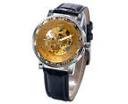 Golden Men's Watch Dial Crystal Black Leather Skeleton Automatic Mechanical Wrist Watch Gift for Men-Gold