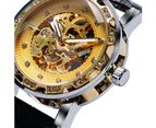 Golden Men's Watch Dial Crystal Black Leather Skeleton Automatic Mechanical Wrist Watch Gift for Men-Gold