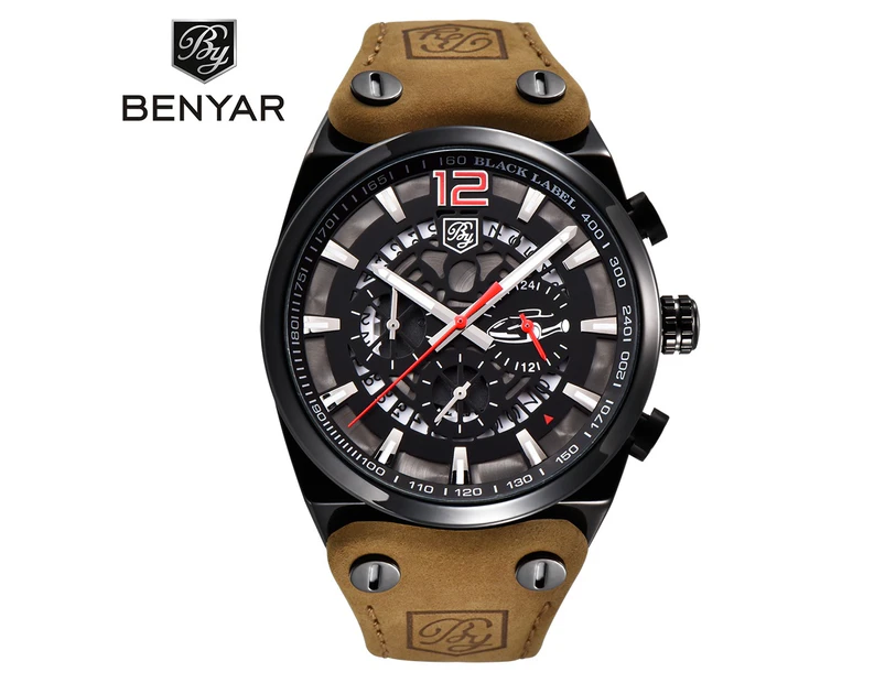 BENYAR Fashion Brand Men's Watch Sport Casual Leather Strap Wrist Watches for Men-Black