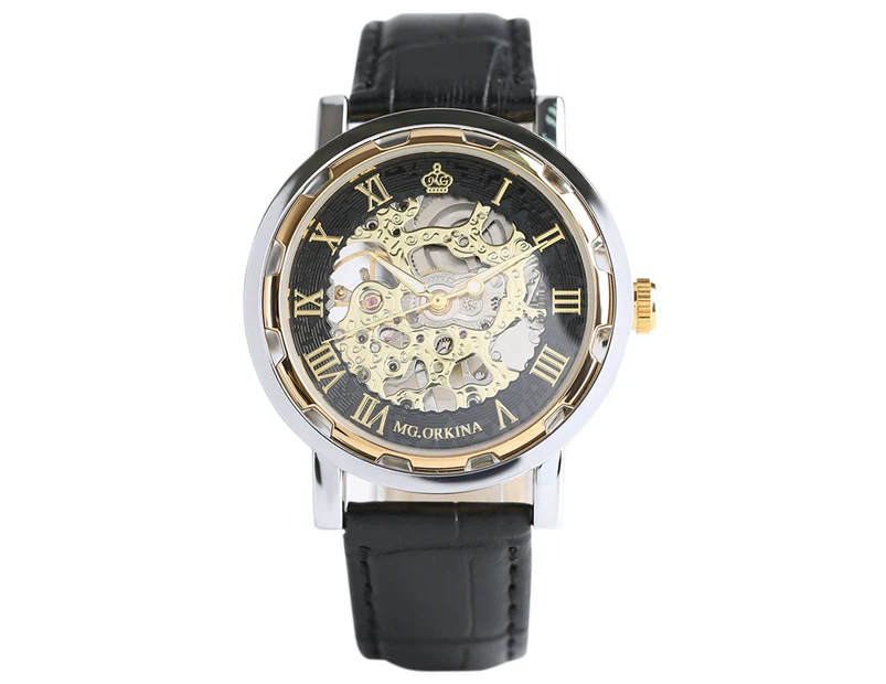 Mens Watch Luxury Skeleton Leather Strap Wrist Watches Gift for Men -Black