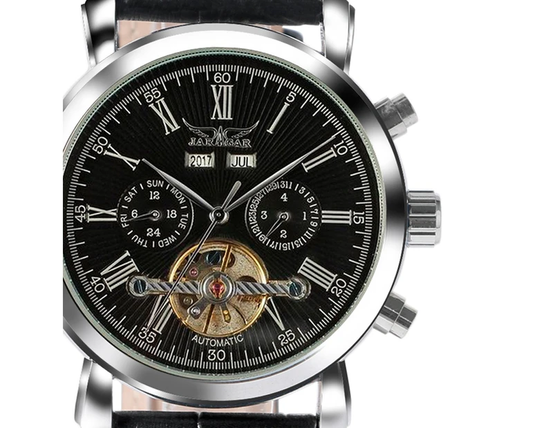 JARAGAR Mens Watch Fashion Tourbillon Automatic Mechanical Leather Wrist Watch Gift for Men-Black