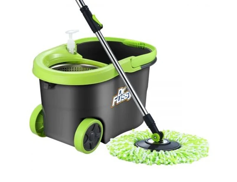 DR FUSSY Spin Mop Bucket System Stainless Steel Basket W/4 Microfiber Mop Heads