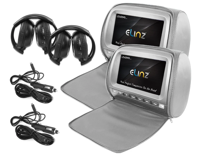 Elinz 2x 9" Headrest DVD Player Car Monitor Pillow Games 1080P USB Games Sony Lens Grey