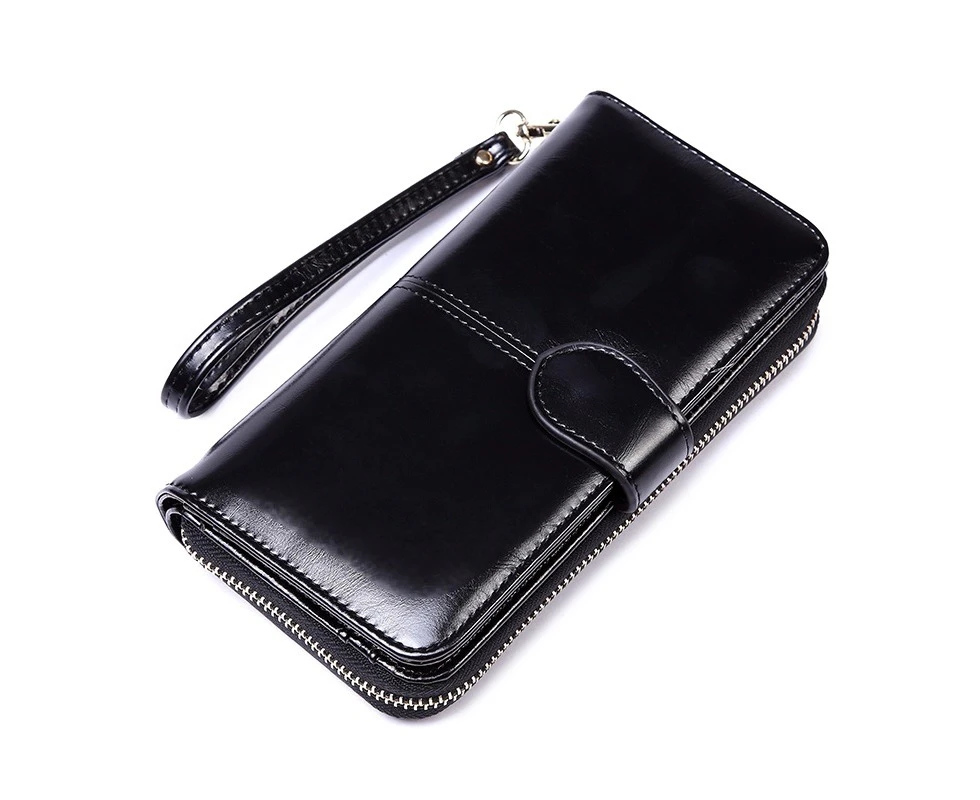 Women's Leather Wallet RFID Large Organizer Clutch Wallet Card Holder Lady Purse - Black