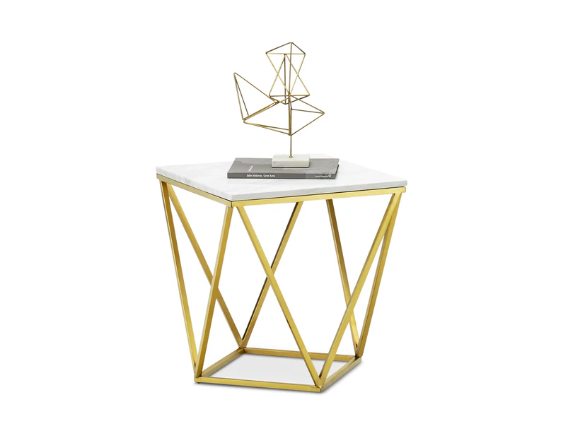 White Italian Marble Side End Table with Brushed Gold Metal Frame
