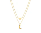 14k Yellow Gold Moon And Star On Single In to Double Graduated Strand Necklace, 18" - Yellow