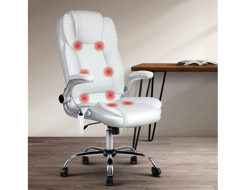 Artiss 8 Point Massage Office Chair PU Leather White