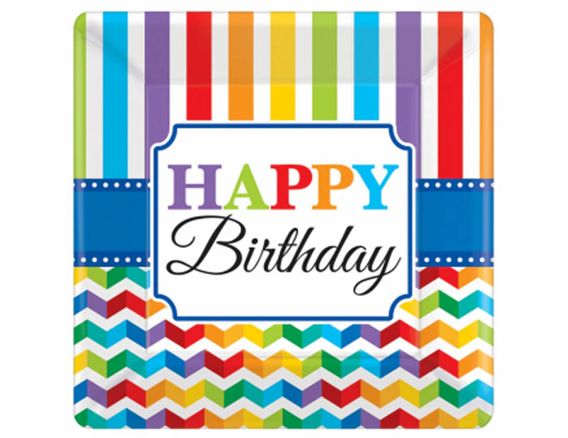 Amscan 10In Happy Birthday Square Plates (Pack Of 8) (Multicoloured) - SG16231