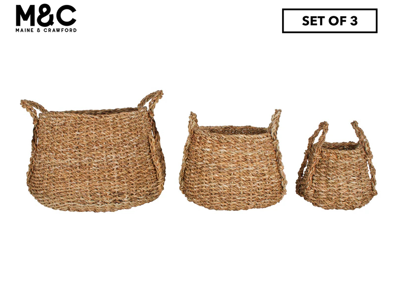 Set of 3 Maine & Crawford Seagrass Rattan Woven Round Storage Baskets w/ Handles - Natural