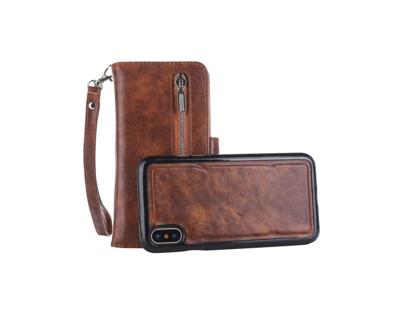 For iPhone XS Max Case,Zipper Leather Wallet Mobile Phone Cover Card Slot,Coffee