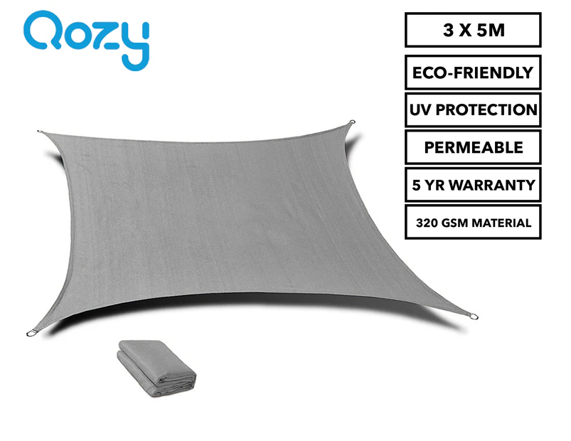 Qozy 3x5m Super Extra Heavy Duty Rectangle Shade Sail Canopy - Grey