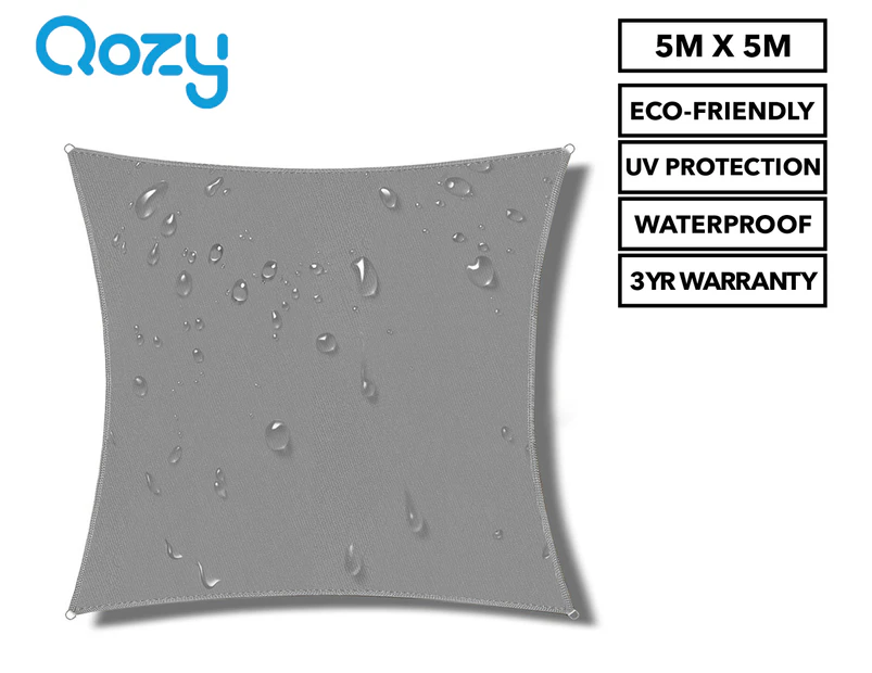 Qozy 5x5m Waterproof Square Shade Sail - Grey