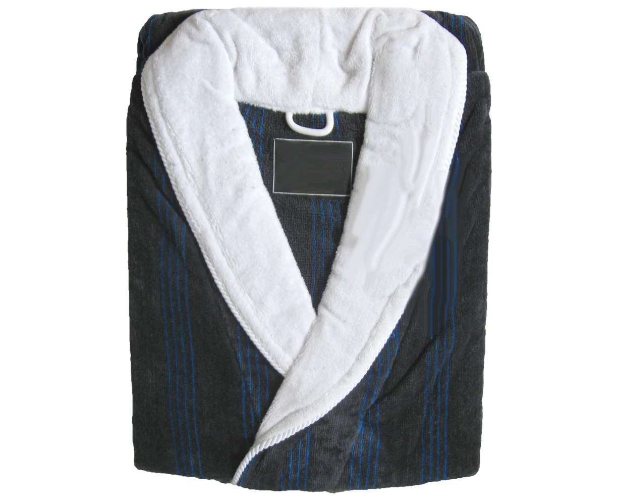 Luxury Mens Jacquard Velour Multi Stripe Egyptian Cotton Bathrobe Bath Robe 500gsm  Blue