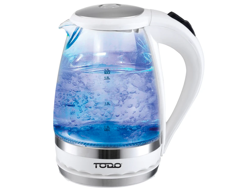 TODO 1.5L Glass Cordless Kettle Electric Blue Led Light 360 Clear Jug White