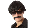 70's Detective Black Mod Wig & Moustache Adult Set