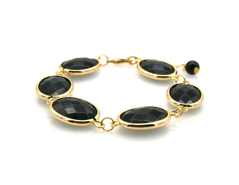 Stunning Oval Facet Cut Black Agate Gold Plated Link Bracelet