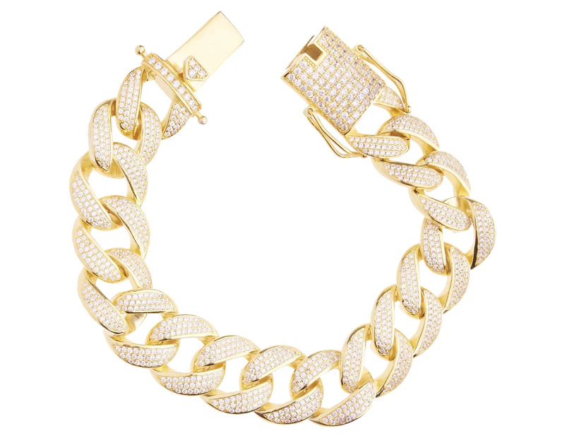 Premium Bling 925 Sterling Silver Bracelet - MIAMI CURB 18mm - Gold