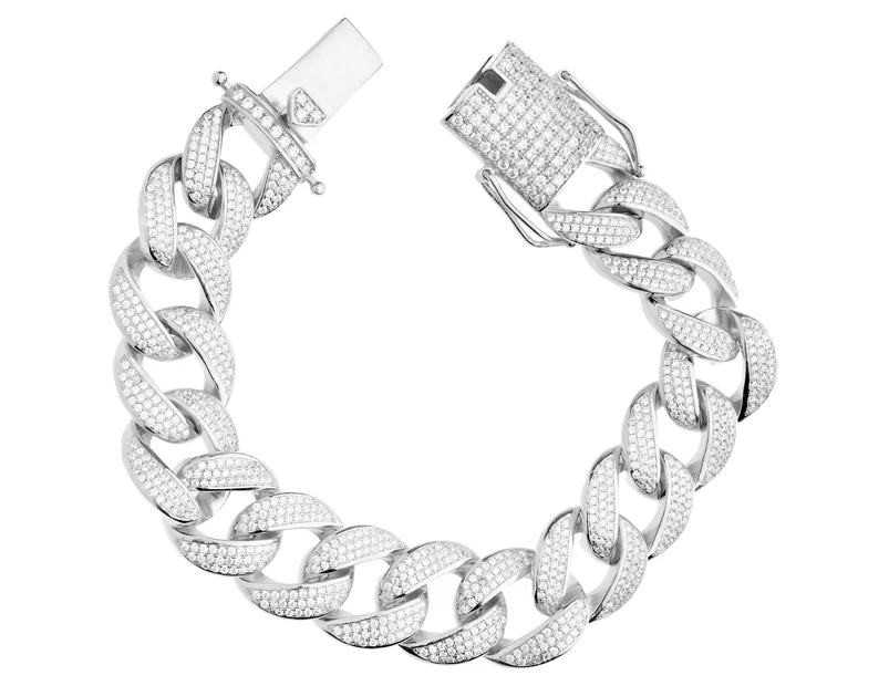 Premium Bling 925 Sterling Silver Bracelet - MIAMI CURB 18mm - Silver