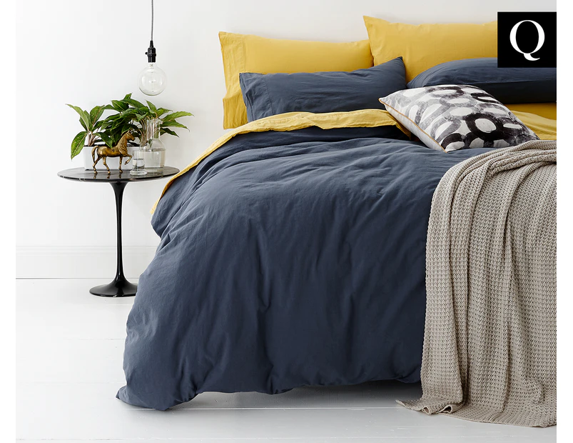 Park Avenue Queen Bed Cotton European Quilt Cover w/ 2x Pillowcases Set Blue