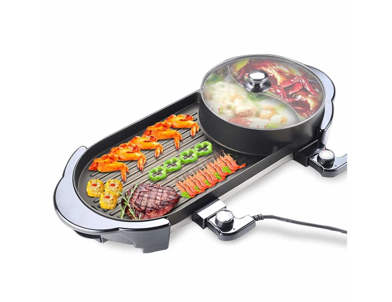 2 In 1 Electric Non-Stick Hotpot Bbq Teppanyaki Grill Plate & Hot Pot Set 2-8 Person