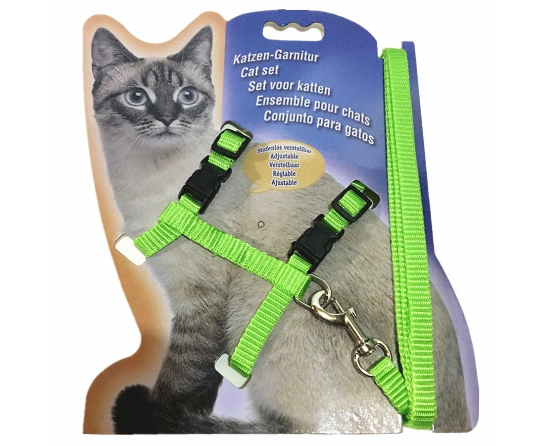 Soft Nylon Cat Kitten Puppy Adjustable Green Harness Leash With Clip Pet Walking Lead