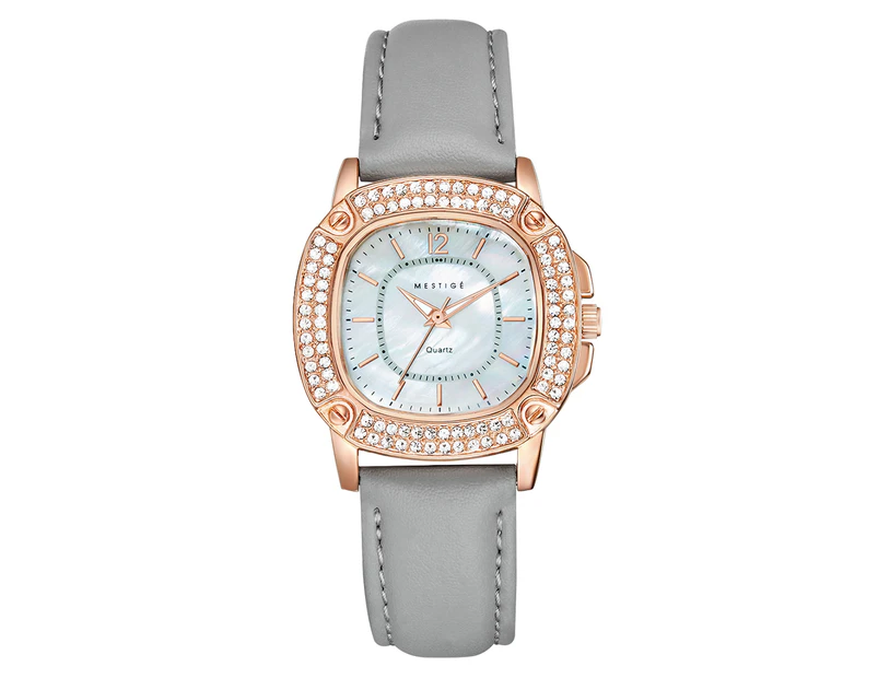 Mestige Women's 35mm The Mxkenna Leather Watch w/ Swarovski® Crystals - Grey/Rose Gold