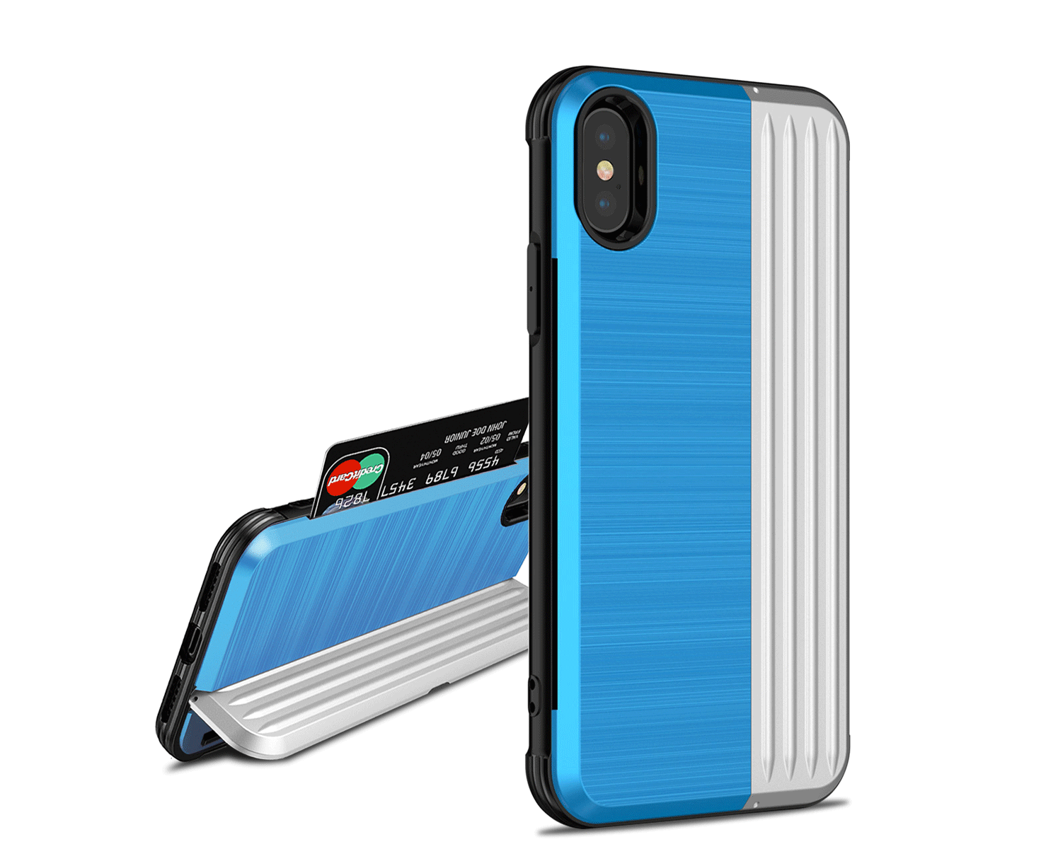 iPhone X/XS Case Card Holder Kickstand Dual Layer Heavy Duty Cover - Sky-Blue/Silver