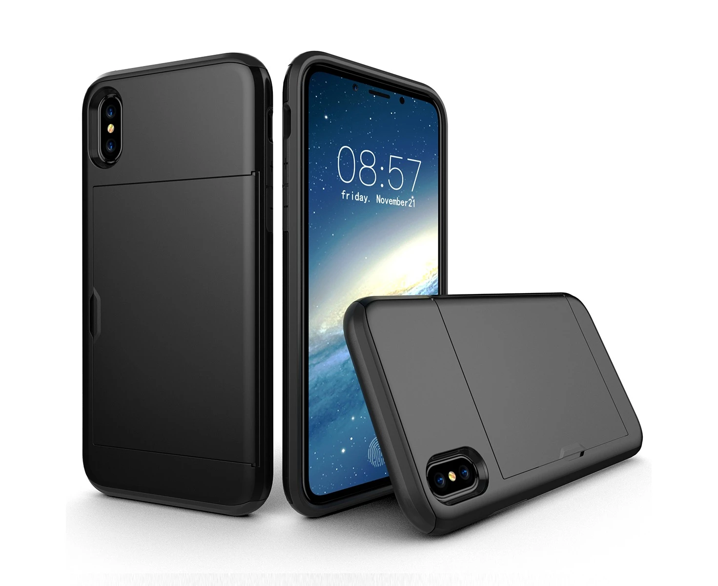 iPhone X/XS iPhone Case Card Holder Dual Layer Full-Body Protection Cover - Black