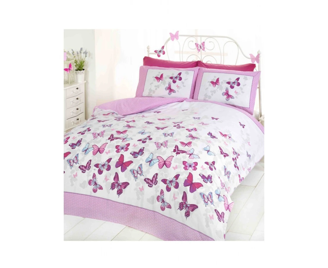 Butterfly Flutter Double Duvet Cover and Pillowcase Set - Pink