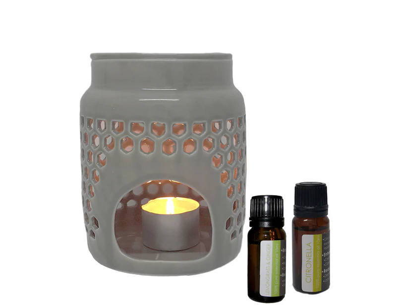 Honeycomb round oil burner - grey  + 2pack of pure essential oils.