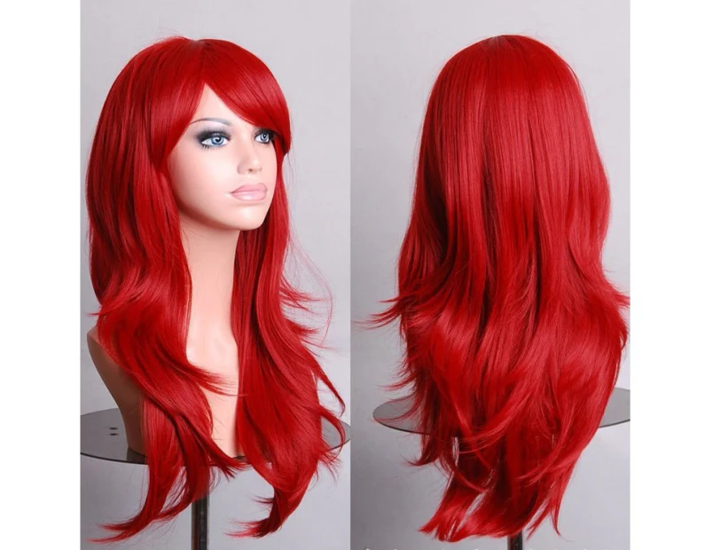 70cm Wavy Curly Sleek Full Hair Lady Wigs w Side Bangs Cosplay Costume Womens - red