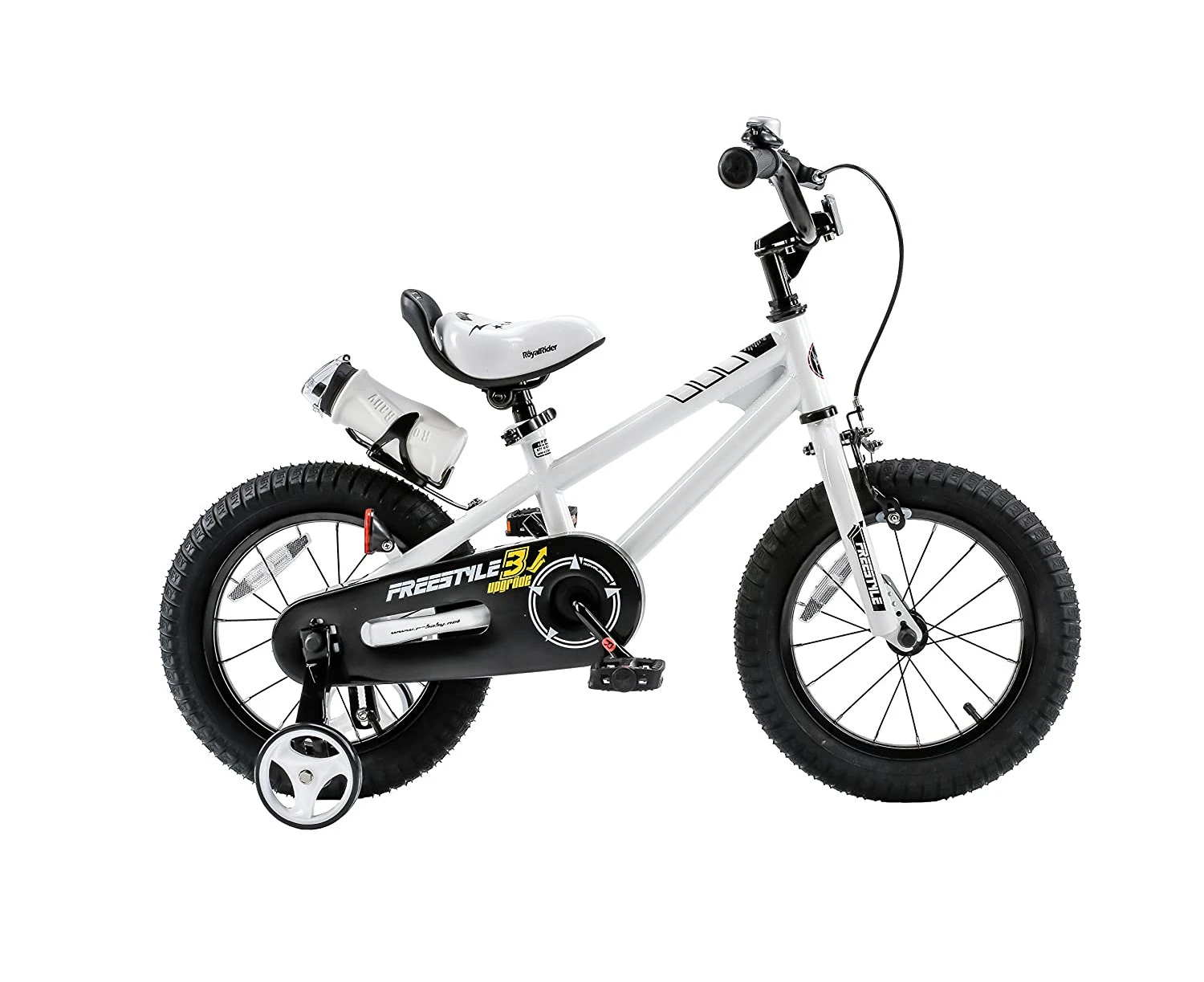 RoyalBaby 14 BMX Freestyle Kids Bike Boy s Bikes Girl s Bikes Training Wheels Water Bottle Bell 14 inch Wheels White Catch