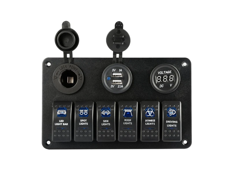 6 Gang Car Marine Boat Circuit Blue LED On/Off Rocker Switch Panel IP68