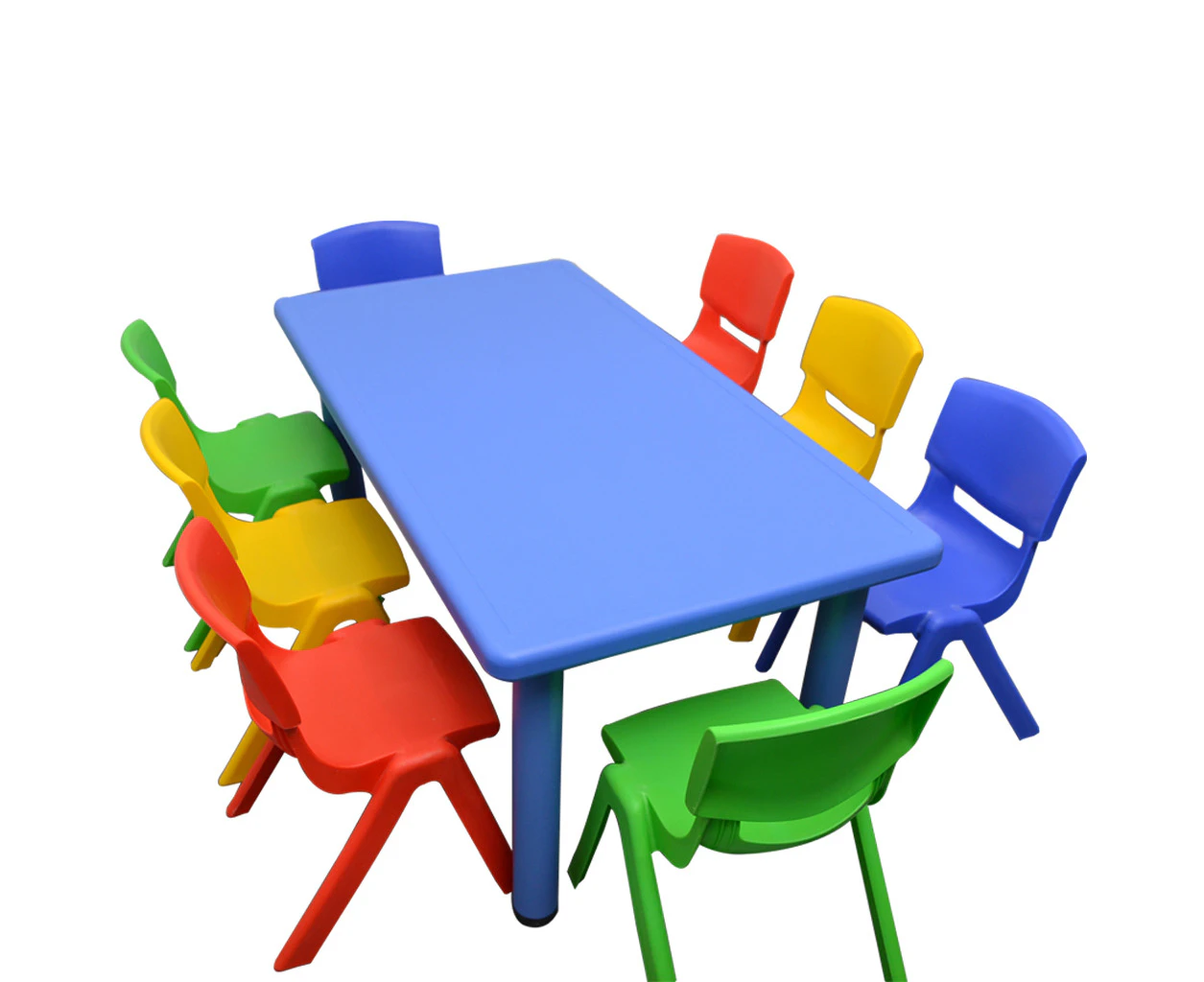 120x60cm Blue Rectangle Kid's Table and 8 Mixed Chairs