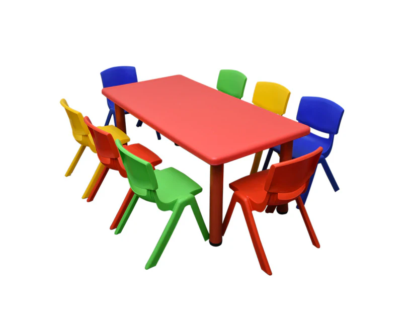 120x60cm Red Rectangle Kid's Table and 8 Mixed Chairs