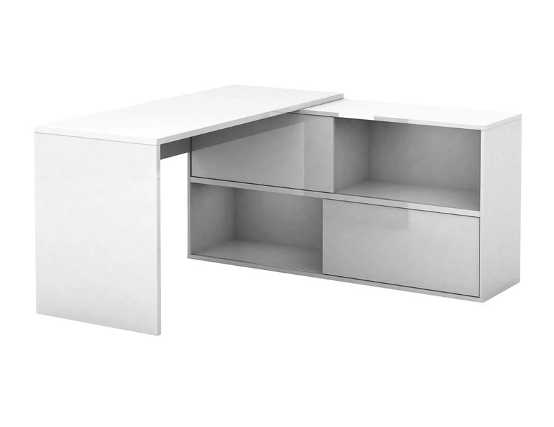 Mateo Executive Office Desk - 2 Sliding Door, 2 Open Shelves - High Gloss White - 145x75cm