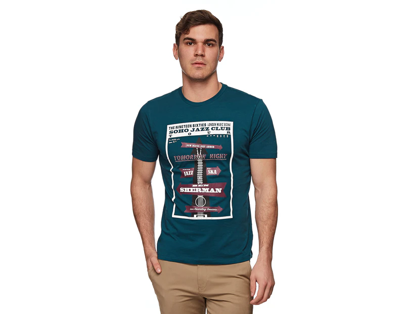 Ben Sherman Men's Crew Neck Soho Jazz Club Tee - Dark Teal Blue