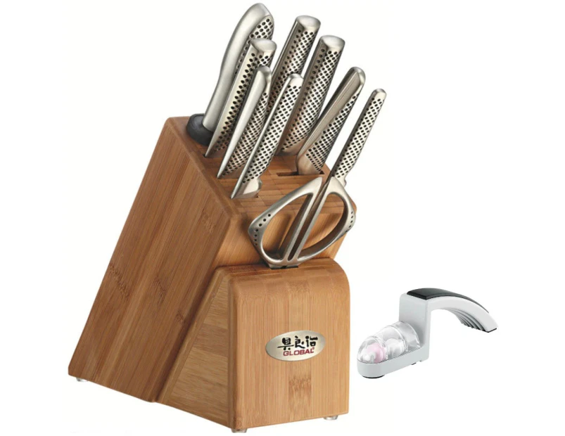 Global Takashi 10 Piece Knife Block Set + Minosharp Knife Sharpener Japanese Knives